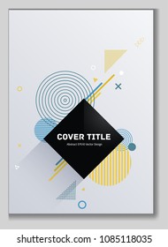 Cool memphis front cover background with white geometrical shapes. Minimalistic front page surface. Colorful title page pattern for corporate notebook, dairy or notepad.