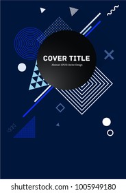 Cool memphis front cover vector with white, blue and cyan geometrical shapes on dark blue background. Minimalistic front page tile. Colorful title page vector for student notebook, dairy or notepad.