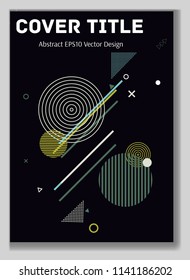 Cool memphis front cover vector with white, blue and cyan geometrical shapes on dark blue background. Minimalistic front page tile. Colorful title page vector for student notebook, dairy or notepad.