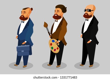 Cool Men Cartoon Vector Characters Collection. Businessman with Case Flat Clipart. Successful, Confident, Wealthy Millionaire. Stylish Painter. Different Jobs, Occupations Isolated Drawings Set