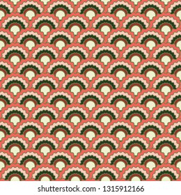 Cool mermaid scales squama background, vector seamless fabric pattern, tiled textile print. Vintage chinese squama scales seamless arc tiles mosaic. Wrapping paper pattern.