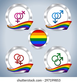 Cool metallic badges with gay pride ribbon and symbols