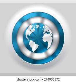 Cool metallic button in blue with globe