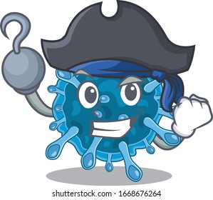 Cool microscopic corona virus in one hand Pirate cartoon design style with hat