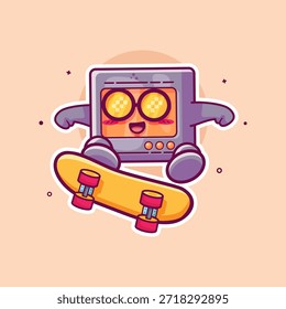 Personaje de microondas fresco mascota jugando monopatín aislado de dibujos animados