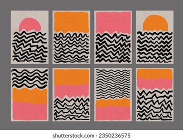 Cool Mid Century Modern Posters. Boho Style Backgrounds. Nordic Art Vector Design. Bauhaus Abstract Geometric Artwork.