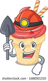 Cool miner worker of cherry ice cream cartoon character design