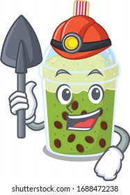 Cool miner worker of matcha bubble tea cartoon character design