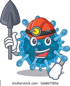 Cool miner worker of microscopic corona virus cartoon character design