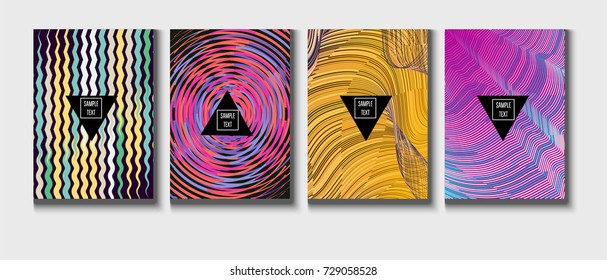 Cool Minimal Covers Set. Jolly Business Template, Corporate Identity Background. Linear Geometrical Halftone Poster Design. Memphis Minimal Covers Set. Hipster Funky Trendy Banners, Dynamic Stripes.