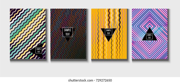 Cool Minimal Covers Set. Jolly Business Template, Corporate Identity Background. Linear Geometrical Halftone Poster Design. Memphis Minimal Covers Set. Hipster Funky Trendy Banners, Dynamic Stripes.