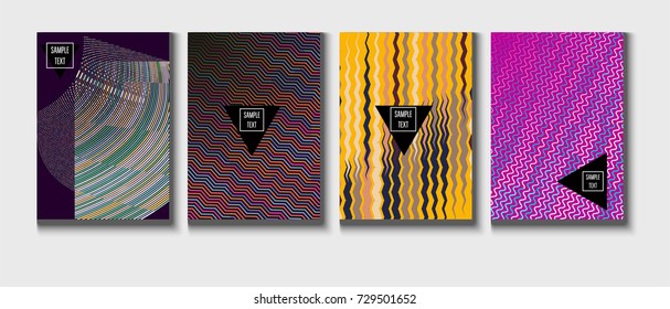 Cool Minimal Covers Set. Jolly Business Template, Corporate Identity Background. Linear Geometrical Halftone Poster Design. Memphis Minimal Covers Set. Hipster Funky Trendy Banners, Dynamic Stripes.