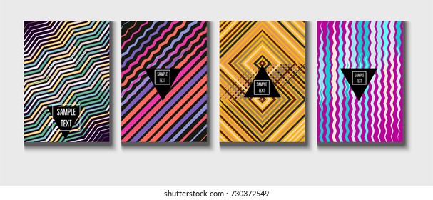 Cool Minimal Covers Set. Jolly Business Template, Corporate Identity Background. Linear Geometrical Halftone Poster Design. Memphis Minimal Covers Set. Hipster Funky Trendy Banners, Dynamic Stripes.
