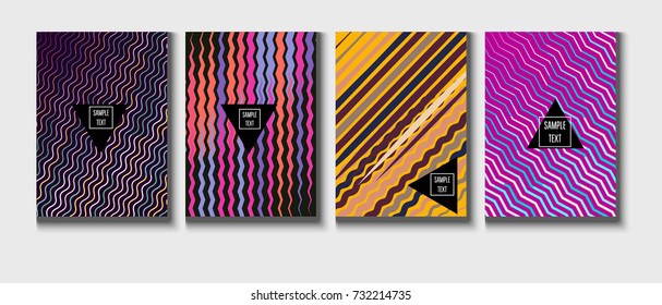 Cool Minimal Covers Set. Jolly Business Template, Corporate Identity Background. Linear Geometrical Halftone Poster Design. Memphis Minimal Covers Set. Hipster Funky Trendy Banners, Dynamic Stripes.