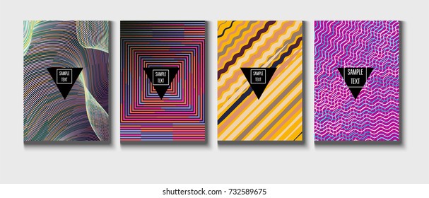Cool Minimal Covers Set. Jolly Business Template, Corporate Identity Background. Linear Geometrical Halftone Poster Design. Memphis Minimal Covers Set. Hipster Funky Trendy Banners, Dynamic Stripes.
