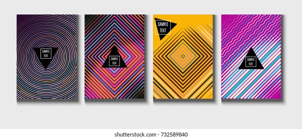 Cool Minimal Covers Set. Jolly Business Template, Corporate Identity Background. Linear Geometrical Halftone Poster Design. Memphis Minimal Covers Set. Hipster Funky Trendy Banners, Dynamic Stripes.
