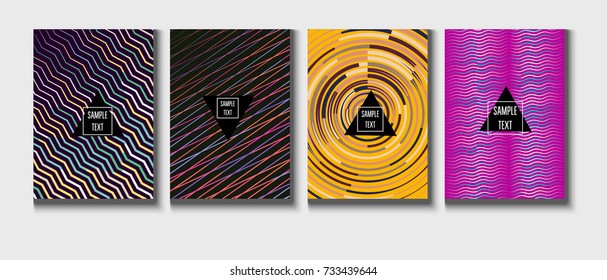 Cool Minimal Covers Set. Jolly Business Template, Corporate Identity Background. Linear Geometrical Halftone Poster Design. Memphis Minimal Covers Set. Hipster Funky Trendy Banners, Dynamic Stripes.