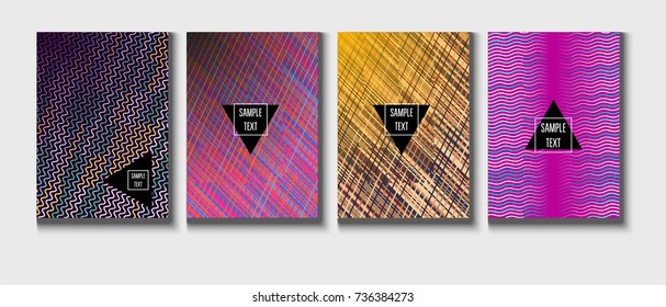 Cool Minimal Covers Set. Jolly Business Template, Corporate Identity Background. Linear Geometrical Halftone Poster Design. Memphis Minimal Covers Set. Hipster Funky Trendy Banners, Dynamic Stripes.