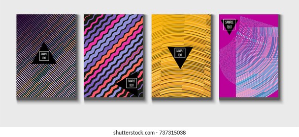 Cool Minimal Covers Set. Jolly Business Template, Corporate Identity Background. Linear Geometrical Halftone Poster Design. Memphis Minimal Covers Set. Hipster Funky Trendy Banners, Dynamic Stripes.