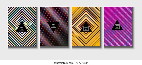 Cool Minimal Covers Set. Jolly Business Template, Corporate Identity Background. Linear Geometrical Halftone Poster Design. Memphis Minimal Covers Set. Hipster Funky Trendy Banners, Dynamic Stripes.