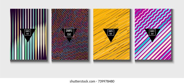 Cool Minimal Covers Set. Jolly Business Template, Corporate Identity Background. Linear Geometrical Halftone Poster Design. Memphis Minimal Covers Set. Hipster Funky Trendy Banners, Dynamic Stripes.
