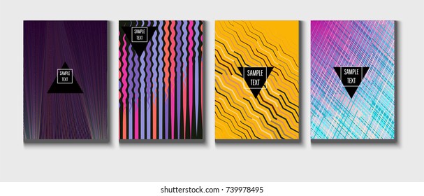 Cool Minimal Covers Set. Jolly Business Template, Corporate Identity Background. Linear Geometrical Halftone Poster Design. Memphis Minimal Covers Set. Hipster Funky Trendy Banners, Dynamic Stripes.