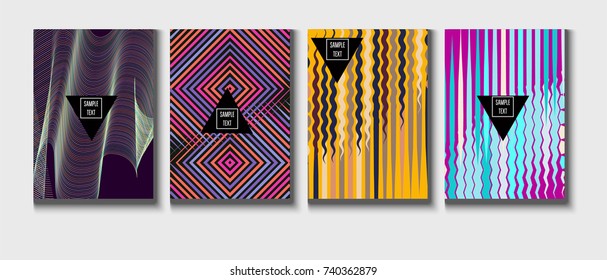 Cool Minimal Covers Set. Jolly Business Template, Corporate Identity Background. Linear Geometrical Halftone Poster Design. Memphis Minimal Covers Set. Hipster Funky Trendy Banners, Dynamic Stripes.