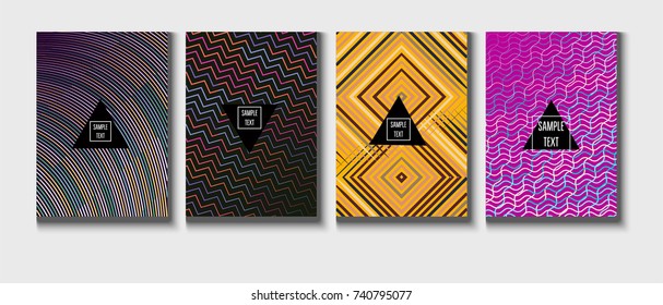 Cool Minimal Covers Set. Jolly Business Template, Corporate Identity Background. Linear Geometrical Halftone Poster Design. Memphis Minimal Covers Set. Hipster Funky Trendy Banners, Dynamic Stripes.