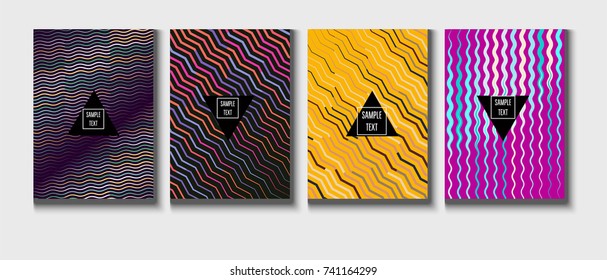 Cool Minimal Covers Set. Jolly Business Template, Corporate Identity Background. Linear Geometrical Halftone Poster Design. Memphis Minimal Covers Set. Hipster Funky Trendy Banners, Dynamic Stripes.