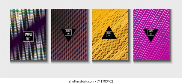 Cool Minimal Covers Set. Jolly Business Template, Corporate Identity Background. Linear Geometrical Halftone Poster Design. Memphis Minimal Covers Set. Hipster Funky Trendy Banners, Dynamic Stripes.