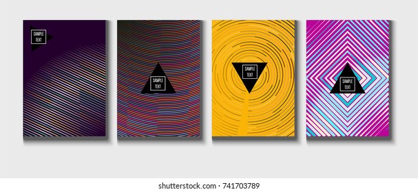 Cool Minimal Covers Set. Jolly Business Template, Corporate Identity Background. Linear Geometrical Halftone Poster Design. Memphis Minimal Covers Set. Hipster Funky Trendy Banners, Dynamic Stripes.