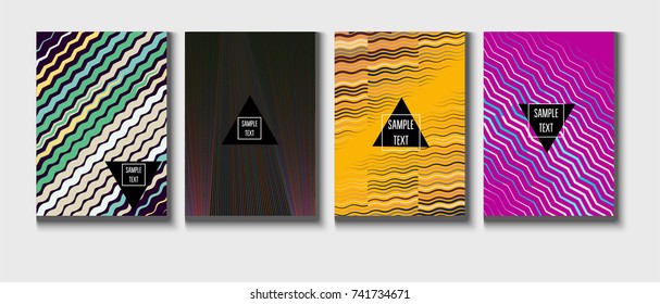 Cool Minimal Covers Set. Jolly Business Template, Corporate Identity Background. Linear Geometrical Halftone Poster Design. Memphis Minimal Covers Set. Hipster Funky Trendy Banners, Dynamic Stripes.