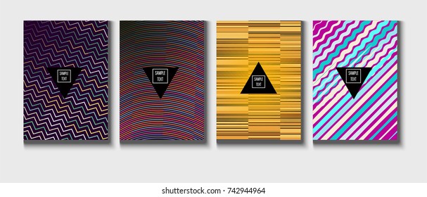 Cool Minimal Covers Set. Jolly Business Template, Corporate Identity Background. Linear Geometrical Halftone Poster Design. Memphis Minimal Covers Set. Hipster Funky Trendy Banners, Dynamic Stripes.