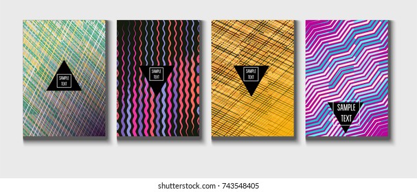 Cool Minimal Covers Set. Jolly Business Template, Corporate Identity Background. Linear Geometrical Halftone Poster Design. Memphis Minimal Covers Set. Hipster Funky Trendy Banners, Dynamic Stripes.