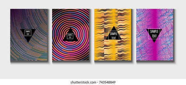 Cool Minimal Covers Set. Jolly Business Template, Corporate Identity Background. Linear Geometrical Halftone Poster Design. Memphis Minimal Covers Set. Hipster Funky Trendy Banners, Dynamic Stripes.