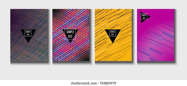 Cool Minimal Covers Set. Jolly Business Template, Corporate Identity Background. Linear Geometrical Halftone Poster Design. Memphis Minimal Covers Set. Hipster Funky Trendy Banners, Dynamic Stripes.