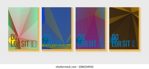 Cool Minimal Covers Set. Trendy Blend Lines Corporate Identity. Futuristic Posters, Geometric Business Backgrounds. VIP Cool Halftone Minimal Covers. Neon Colored Iridescent Print Design.