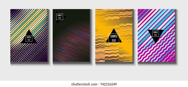 Cool Minimal Covers,Business Template set, Corporate Identity Background. Linear Geometrical Halftone Poster Design. Memphis Minimal Covers Set. Hipster Funky Trendy Banners, Dynamic Stripes.