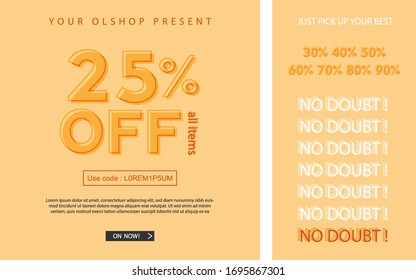 A cool minimal design that reads 25% off all items on a soft orange background, COMPLETE WITH DISCOUNT OPTIONS for you - Vector