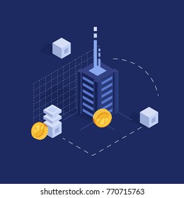 Cool mining electric currency of bitcoin, computing and computer equipment, server room rack isometric flat illustration