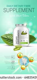 Cool mint dietary supplement ads. Vector Illustration with honey supplement contained in bottle and mint leaves elements. Vertical banner.