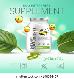 Cool Mint Dietary Supplement Ads. Vector Illustration With Honey Supplement Contained In Bottle And Mint Leaves Elements. Poster.