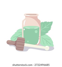 Óleo de hortelã ou de eucalipto fresco com folhas verdes exuberantes. Um design refrescante para o bem-estar respiratório e rituais de spa revigorantes.