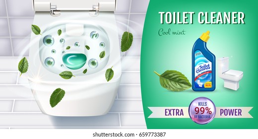 Cool mint fragrance toilet cleaner gel ads. Vector realistic Illustration with top view of toilet bowl and disinfectant container. Horizontal banner.