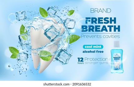 Cool mint mouth rinse or mouthwash bottle in water splash with mint leaves and tooth, vector. Oral care product for teeth and gum hygiene, alcohol free cavity protection and ice mint fresh mouthwash