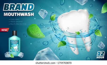 Cool Mint Mouthwash Ads With Flying Mints, Ice Cubes And Splashing Water On Striped Background, 3d Illustration