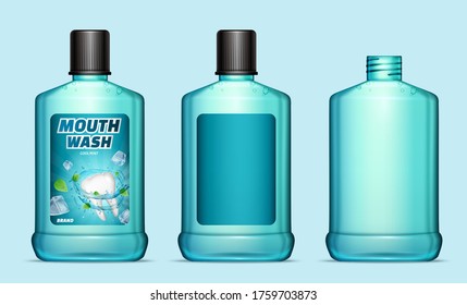 Cool mint mouthwash bottles design in 3d illustration, mockups with blank and designed labels