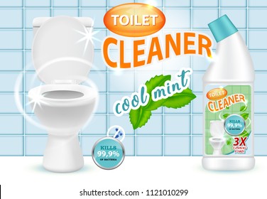 Cool mint toilet cleaner ad design template. Vector realistic illustration. Liquid cleaning product killing bacteria brand advertising poster.