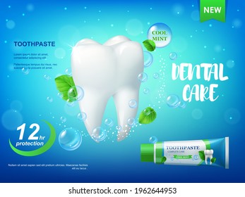 Cool mint toothpaste and tooth realistic vector poster. 3d healthy tooth with dental care, antibacterial, enamel protection or whitening toothpaste tube, green leaves of mint and bubbles, promotion