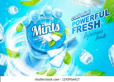 Cool Mints Ads With Frozen Hand Holding The Product In The Blizzard, Flying Ice Cubes And Mint Leaves In 3d Illustration